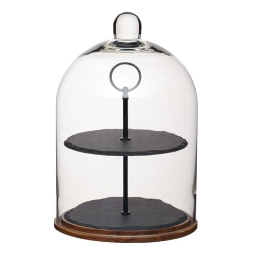 Image of Artesà 2-Tier Serving Stand/Cake Dome, Glass Cloche Food Display Cover/Storage with Tiered Slate Platters and Wooden Base, 22 x 31 cm - Black/Clear Glass/Wood