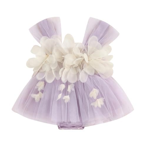 Image of WWAYBEI Baby Girl Summer Princess Romper Dress Newborn Sleeveless 3D Flower Jumpsuit Tutu Tulle Dress First Birthday Outfit (Purple, 6-12 Months)