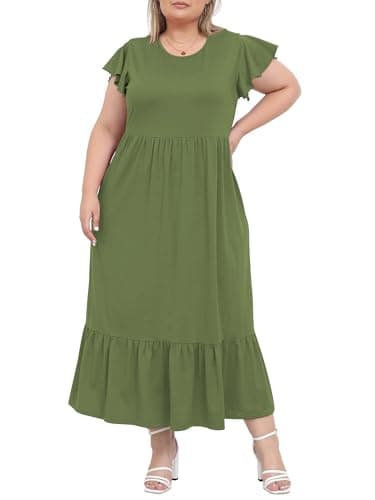 Image of Moon Wood Summer Dresses for Women Crew Neck Ruffle Sleeve Curvy Long Dress with Pockets Olive L