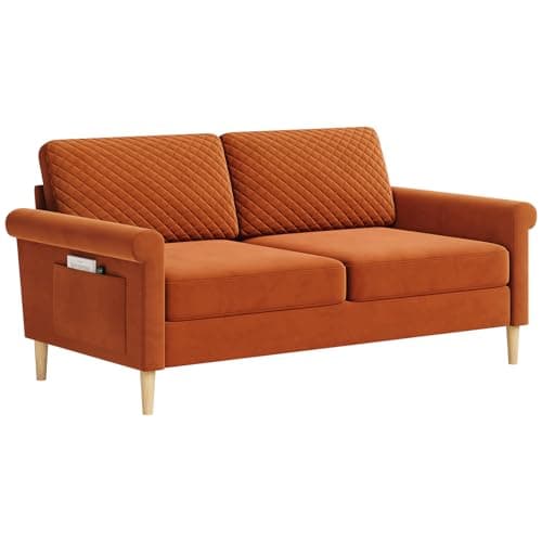 Image of Vesgantti Velvet 2 Seater Sofa, 164cm Loveseat Sofa with Bilateral Pocket Storage, Upholstered Couch Perfect for Living Room, Bedroom, Office, Apartment, Tool-free Assembly, 164L*76D*85Hcm, Orange