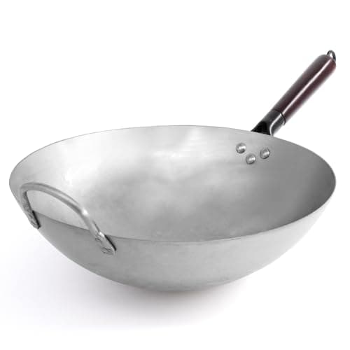 Image of joeji's Kitchen Carbon Steel Wok 34.5cm - Round Bottom - Detachable Wood Handle - Traditional Hand Hammered Style - Commercial Grade - Heavy Sturdy Chinese Frying Pan Wok - Perfect for Asian Dishes