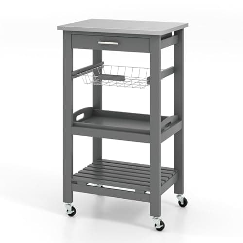 Image of TANGZON Kitchen Trolley, Rolling Kitchen Island on Wheels with Removable Tray, Mesh Basket, Stainless Steel Worktop, Drawer & Slatted Shelf, Utility Serving Cart for Dining Living Room (Grey)