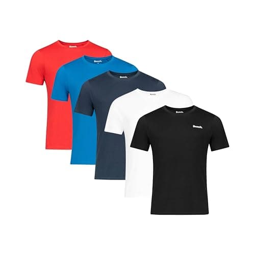 Image of Bench Mens 5 Pack Assorted T Shirts Cotton Crew Neck Multipack Plain Blank Tee with Chest Logo Classic Fit Everyday t Shirts for Men Black White Blue Navy Red Colours Black, Blue, Navy, Red, White XL