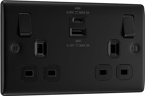 Image of BG Electrical 45W Double Switched Power Wall Plug Socket with Super Fast Charge Type A & Type C USB Ports, Nexus Metal, Matt Black, 13A, NFB22UAC45B