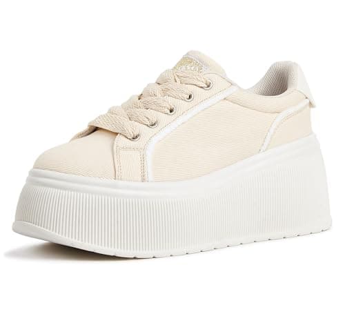 Image of LUCKY STEP Women's Platform Fashion Sneakers Classic Wedge Canvas Casual Low Top Retro Walking Shoes (Beige, 8.5US-39EU-6UK)