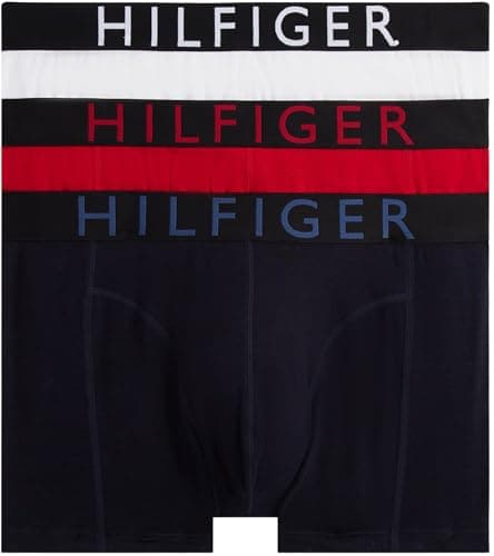 Image of Tommy Hilfiger Men’s 3 Pack Trunks with Logo Waistband, Multicolor (Med Red/Th Whte/Des Sky), XS