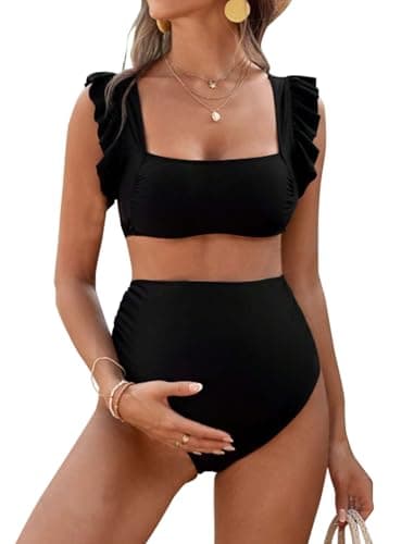 Image of tiorhooe Maternity Swimsuit for Women High Waisted Bikini Set Pregnancy Bathing Suits Two Piece Swimwear