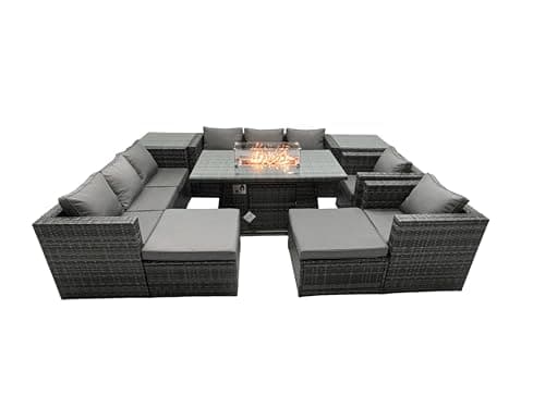 Image of FMSGarden Rattan Garden Furniture Firepit Dining Set 10 Seater Lounge Sofa Table Set with 2 side table 2 big Footstool