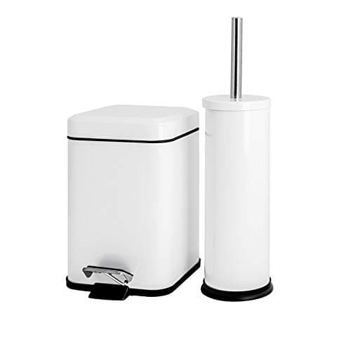 Image of Harbour Housewares 3L Bathroom Bin & Brush Set - White - 2pc Mismatched Stainless Steel Square Pedal Bin & Round Toilet Brush Set Slim Small Trashcan for Kitchen Waste, Bathroom Rubbish