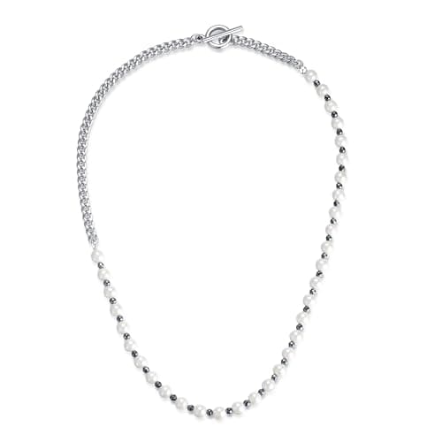 Image of GAVU Shell Pearl Necklace for Men, Men's Stainless Steel Curb Chain Necklace, Hematite Necklace for Men