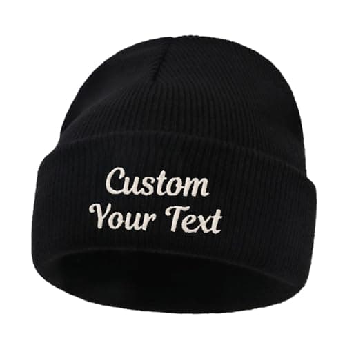 Image of CHARMMYFASHION Personalised Beanie Hat for Men Women,Leather Patch Embroidery Text Logo,Skull Cap Custom Baby Beanie Hat for Kids,Design Your Own Warm Knitted Hat,Unisex,Boys Girls Gifts Black
