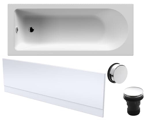 Image of Balterley 1700 x 700mm Round Shower Bath with Leg Set, Chrome Waste & Front Bath Panel, Straight Single Ended Gloss White Soaking Bathtubs, Acrylic Baths for Bathrooms, Rectangular Soaking Bathtub