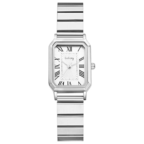 Image of JewelryWe Women's Square Rectangular Watch: Ladies Roman Numerals Analog Quartz Wristwatch Vintage Silver Small Stainless Steel Watches