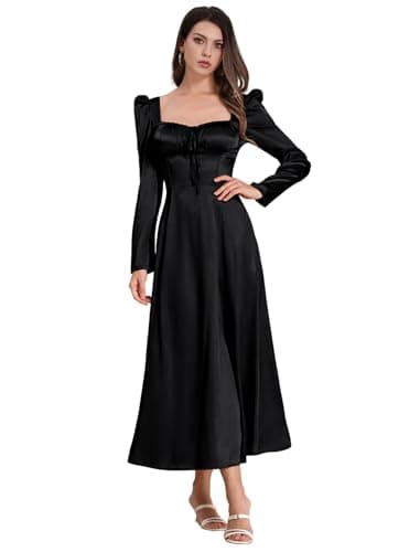 Image of IDOPIP Women's Long Sleeved Vintage Satin Maxi Dress - Corset Square Neck A-Line Lace UP Tie Puff Sleeves Wedding Party Dress Evening Gown Black XL