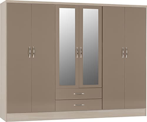 Image of Seconique Nevada 6 Door 2 Drawer Wardrobe in Oyster Gloss/Light Oak Effect Veneer