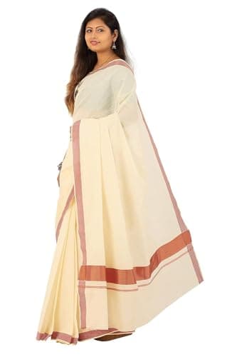 Image of Stylesindia Kuthampully Kerela Cotton Kasavu Kattikara Floura Jari Woven Saree With Blouse 6.25 Meters (Plain 3" Copper Zari Border)