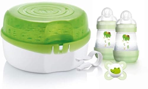 Image of MAM Microwave Steriliser | Comes with 2X MAM Easy Start Anti-Colic Bottle and Soother | for Quick and Easy Steam Sterilisation | Sterilises 6X Bottles in 5 Minutes | Baby Accessories