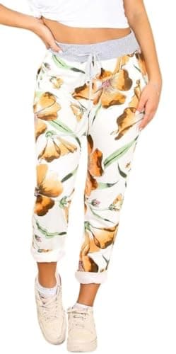 Image of WearAll Women’s Hibiscus Print Jogger Sweatpants Ribbed Waistband Trousers Ladies Causal Summer Joggers Drawstring Italian Gym Running Pants Mustard 12-14