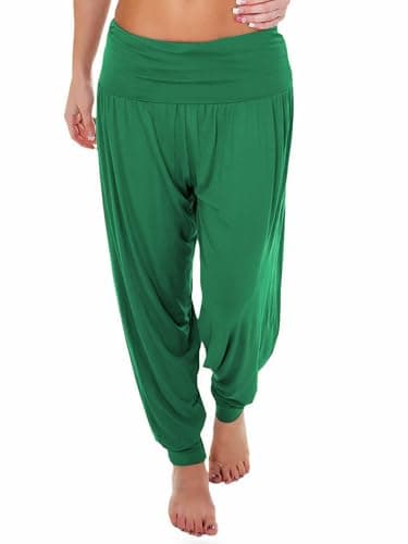 Image of R&N FASHIONS Ladies Harem Trousers – Women’s Full Length Stretch Yoga Pants – High Waist Elasticated Joggers – Lightweight Lounge Bottoms – Casual Loose Fit (Bottle Green, 12-14)