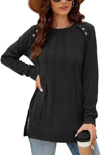 Image of Odosalii Womens Sweatshirt Tops for Women UK Black Lightweight Jumpers Longline Pleated Plus Size Long Sleeve Tops Black Size 22-24
