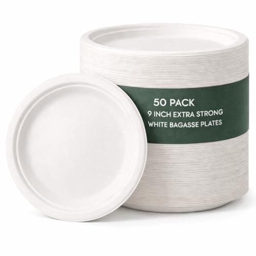 Image of 1ABOVE 50 Pack Extra Strong White Disposable Bagasse Plates, 100% Compostable and Biodegradable, Made from Sugarcane Fibre, Perfect for BBQ, Wedding, Office, Picnics and Parties (9 INCH)