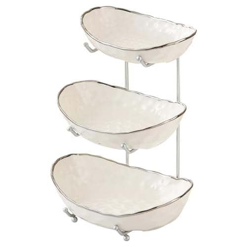 Image of AYES Fruit Bowl, 3-Tier Large Ceramic Fruit Basket with Metal Stand Tiered Decorative Space Saver Fresh Fruit Serving Bowls for Kitchen Countertop Tabletop Parties Display (Silver 3-Layer)
