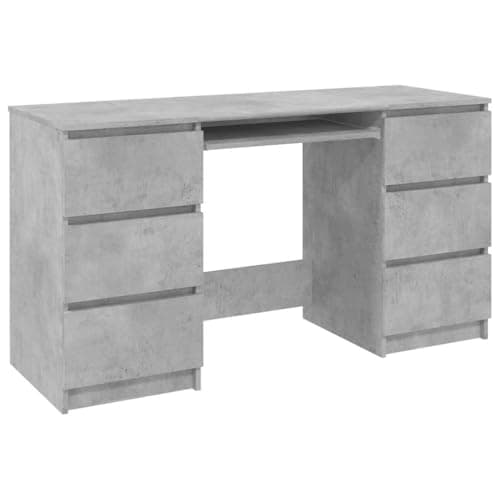 Image of vidaXL Engineered Wood Writing Desk, Scandinavian Style, Concrete Grey, Space-Saving Design with Six Storage Drawers, Ideal for Office or Study Room - 140x50x77 cm