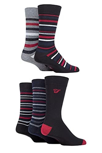 Image of Farah Mens Cotton Socks Striped and Argyle Patterned Designs Calf Length Pack of 5 - Stripe Black/Berry 6-11