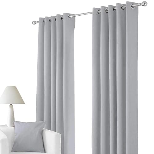 Image of RayyanLinen Readymade Blackout Thermal Eyelet Ring Top Pair of Curtains Including 2 free Tiebacks (GREY SILVER, Width 46" x Drop 54")