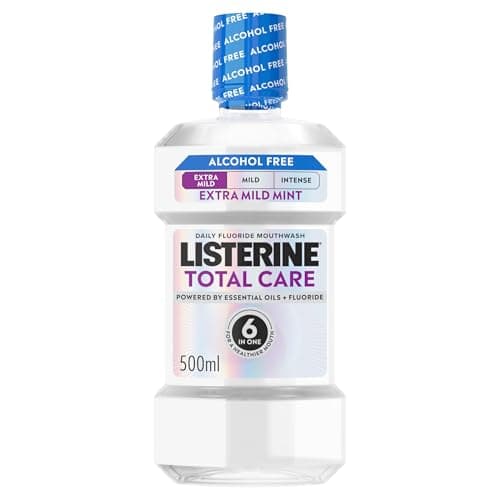 Image of Listerine Total Care Extra Mild Taste (Alcohol Free) Antibacterial Mouthwash (500ml), Dye Free Formula & Soothing Fresh Mint Flavour with 6-in-1 Benefits