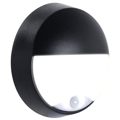 Image of Luceco Eco Outdoor LED Bulkhead Light with PIR Motion Sensor, Decorative Exterior Lighting, Eyelid Design, Round, Black, IP54, 10W, 400lm, 4000K, EBEE10P40