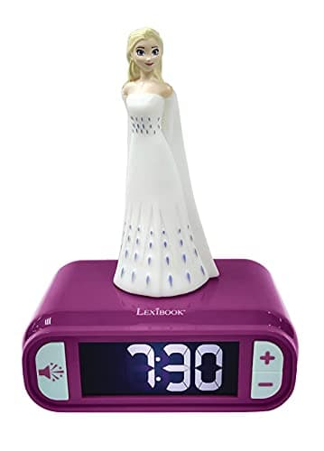 Image of LEXIBOOK, Frozen, Elsa Nightlight alarm clock, Sounds and Melodies, LCD Backlit screen, Luminous, Snooze, Purple, RL800FZ