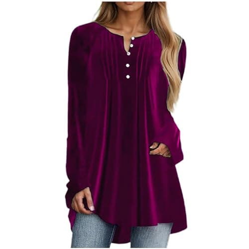 Image of Keepink Ladies Jumpers Size 8-22 Velvet Tops for Women UK Long Sleeve Henley Blouses Pleated Button V Neck T Shirts Oversized Dressy Elegant Casual Shirts Party Longine Tunic Top