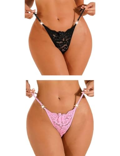 Image of FULLJOYLOVE Women's Sexy Lace Mesh Hollow Panties Waist Belt Drill Seamless Knickers Ladies Stretchy Low Rise Bikini Briefs Hipster Lace Underwear for Female Black Pink 2 Pack