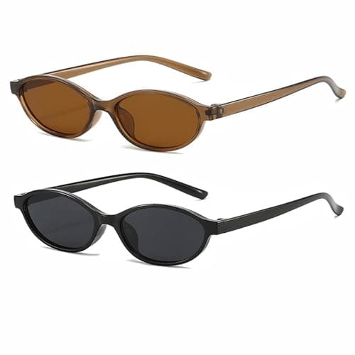 Image of FSMILING 2Pack Retro Oval Cat Eye Sunglasses Womens Glasses Vintage Small Thin 90S Trendy Narrow Sunglasses for Womens Ladies