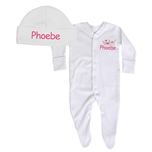 Image of TeddyT's Baby Girl's White Personalised Name Sleepsuit & Hat Gift Set (0-3 Months, Sleepsuit & Hat)