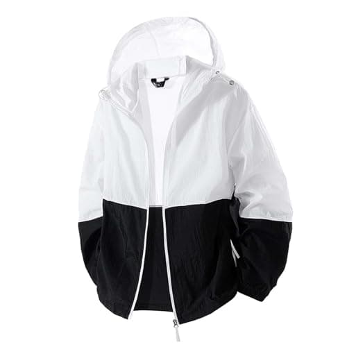 Image of Eauptffy Men's Softshell Jacket with Hood Lightweight Breathable Transition Jacket Summer Outdoor Functional Jacket Patchwork Rain Jacket Loose Fit Softshell Jacket Long Sleeve Sportswear, O White