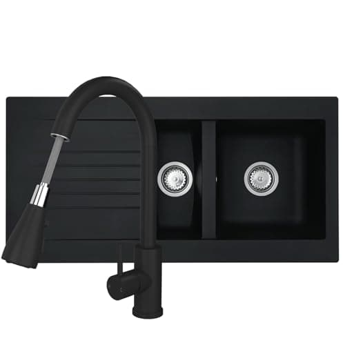 Image of Liquida KAV150BL 1.5 Bowl Composite Black Kitchen Sink and KPO11MB Tap