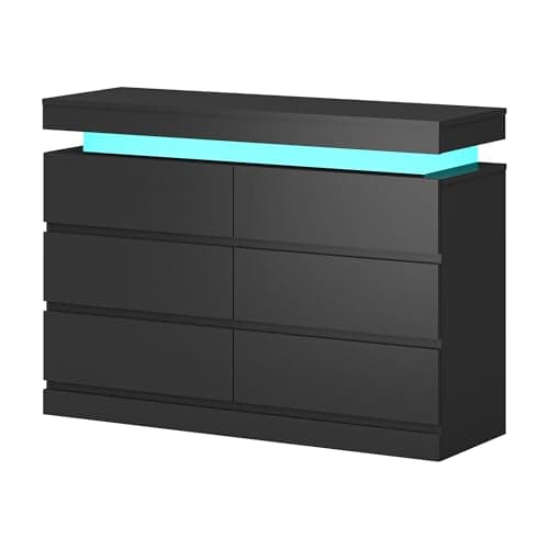 Image of 6/9 Drawers Wooden Chest of Drawers with LED Lights, Wide Lateral Dresser Cabinet No Handle Sleek Design Clothes Storage Organiser Unit Bedroom Furniture (Black, 6 Drawers)