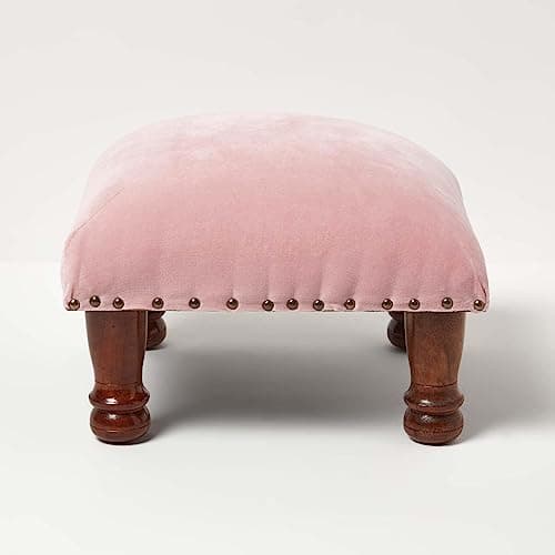 Image of HOMESCAPES Blush Pink Velvet Footstool 40 x 40 cm Square Pouffe on Solid Wood Legs 25 cm Tall Ottoman Style Upholstered Footrest