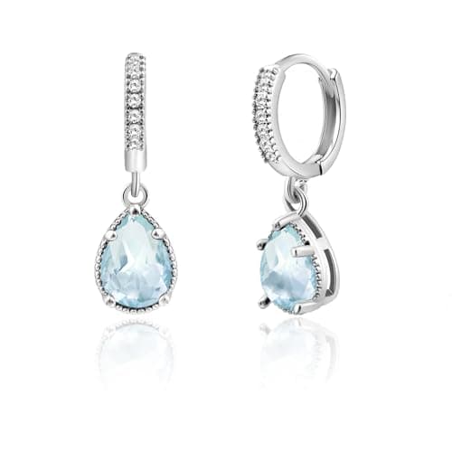 Image of Weviway Silver Aquamarine Drop Earrings, Teardrop Crystal Hoop Dangle, March Birthstone, Blue, Jewellery for Gifts