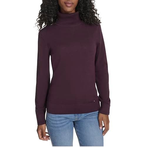 Image of Tommy Hilfiger Women's Cotton Lightweight Turtleneck Sweater, Aubergine, XL