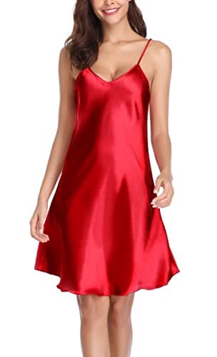 Image of Vlazom Women Negligees Satin Nightdress Spaghetti Strap Chemises Slip V Neck Sleepwear Nightgown Wine Red, Wine Red, M(UK 8-10)