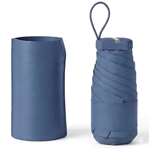 Image of Berrybella Ultra-Lightweight Mini Pocket Umbrella, 6-Folding Compact Capsule Brolly for Women, Anti-UV Black Coated Sun Parasol, Small Travel Handbag Umbrella with Sleek Case (Blue)