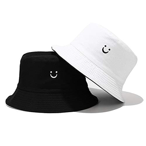 Image of Umeepar Reversible Smile Face Embroidered Bucket Hat 2 in 1 Packable Beach Sun Hat for Women Men (UK, Alpha, One Size, White/Black)