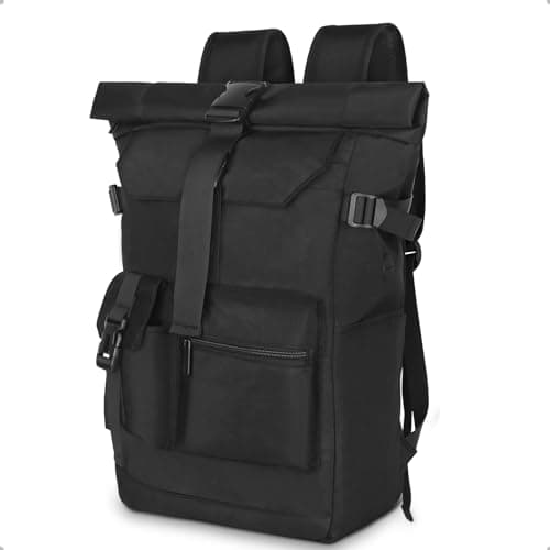 Image of HUALIANG Roll Top Backpack Womens, 27 L Large Waterproof Backpack Mens, Black School Bag with Laptop Compartment 17.3 inch, Travelling Rucksack for Business University Sports Hiking
