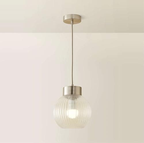 Image of ValueLights | Maddison Ribbed Glass Shade Brushed Chrome Capped Ceiling Pendant Light | Shades, Home Décor & Improvement Essential | Includes Full Wired Fitting