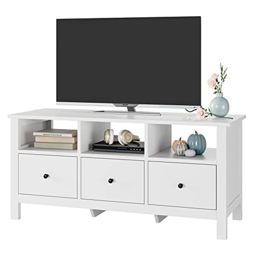 Image of FOREHILL White TV Unit TV Stand Cabinet Wooden TV Table with 3 Drawers and 3 Open Shelves TV Cabinets for Living Room Furniture 108x40x50cm