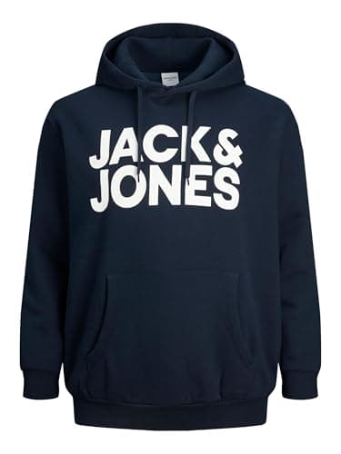 Image of JACK&JONES PLUS Men's JJECORP Logo Sweat Hood NOOS PS Sweatshirt, Navy Blazer/Print:Large Print, 7XL