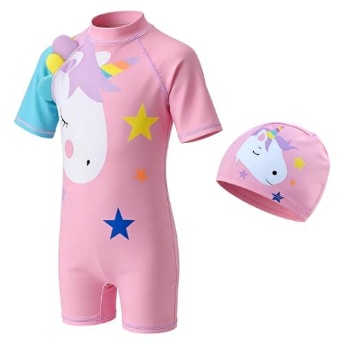 Image of ADUDVLO Girls Swimming Costume with Swim Cap – Cartoon One Piece Bathing Suit for Kids Ages 4–10, Quick Dry & Stretchy Swimwear (UK, Age, 3 Years, 4 Years, Regular, Pink)